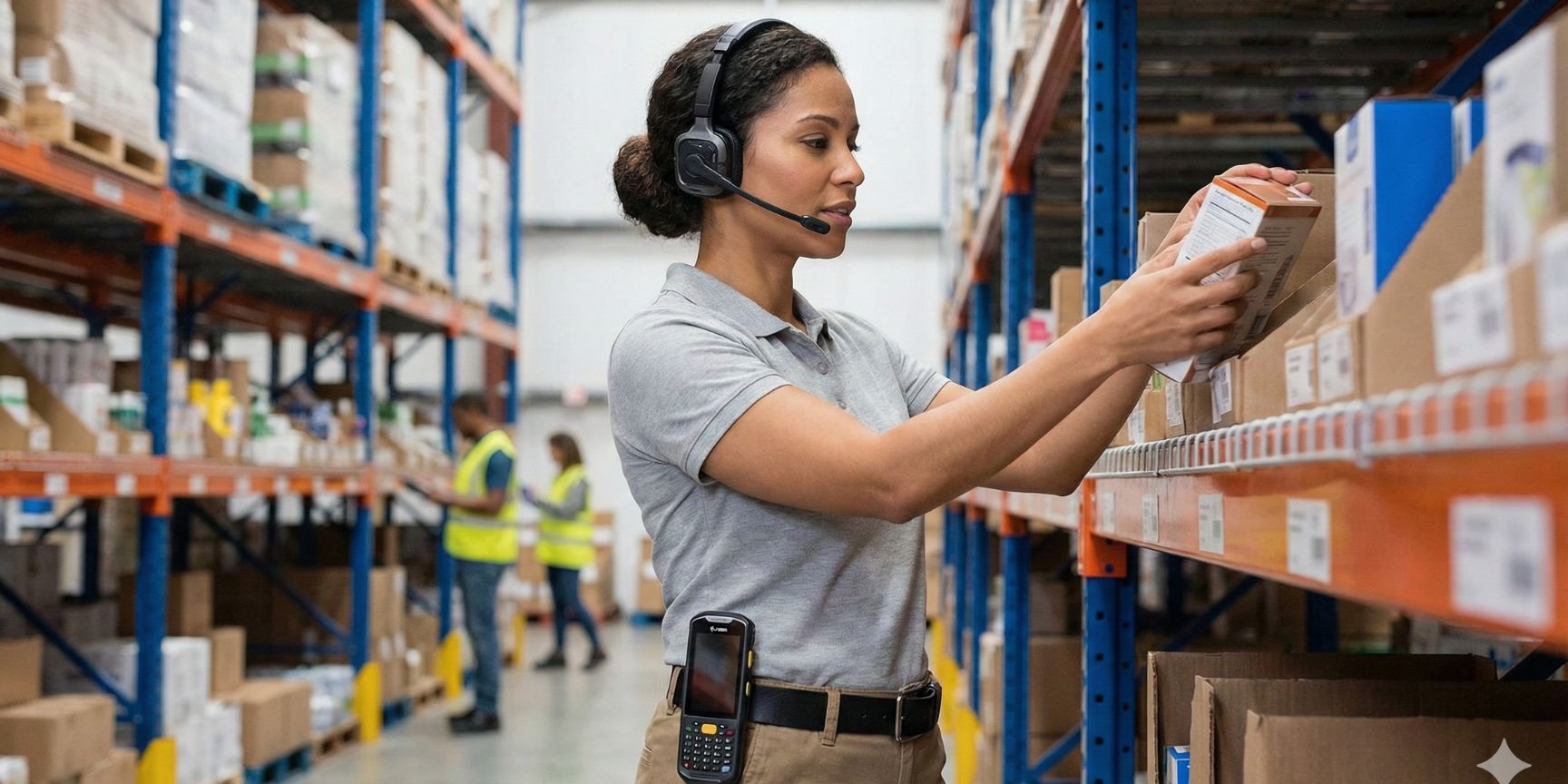 Lagermitarbeiterin verwendet ein Pick-by-Voice-System mit Headset und mobilem Computer am Gürtel zur hands-free Kommissionierung in einem modernen Lagergang.